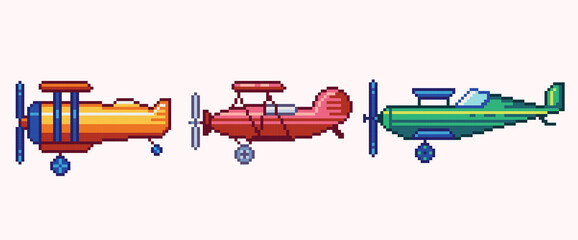 Biplane pixel art set. Old airplane with propeller collection. 8 bit sprite. Game development, mobile app.  Isolated vector illustration. © SickleMoon