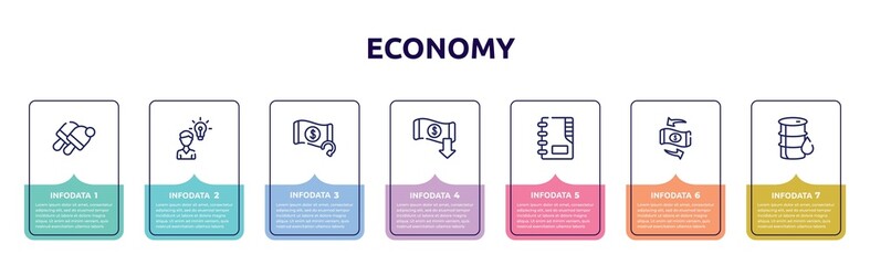 economy concept infographic design template. included , opinion, refund, reduction, contact list, convert, oil barrel icons and 7 option or steps.