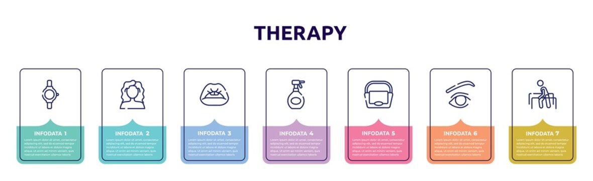 therapy concept infographic design template. included luxury watch, curly hair, women lips, hair spray bottle, big hand bag, eye with lines, physiotherapy icons and 7 option or steps.