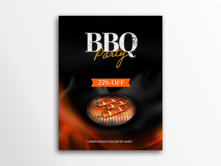 BBQ Party Flyer Design With 25% Discount Offer And Grilled Kebab In Black And Orange Color.