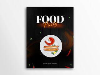 Food Party Flyer Design With Top View Of Presented Chicken Plate For Publishing.