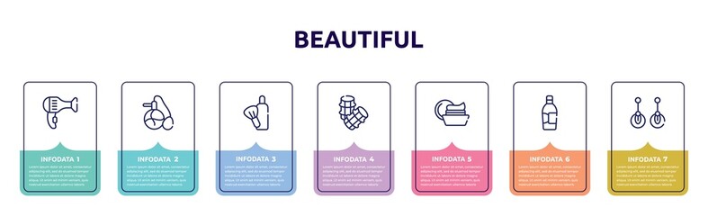 beautiful concept infographic design template. included hairdryer facing left, parfum, after shave, hair rollers, facial cream, inclined bottle, two earrings icons and 7 option or steps.