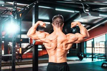 Handsome power bodybuilder showing his back at the gym.
