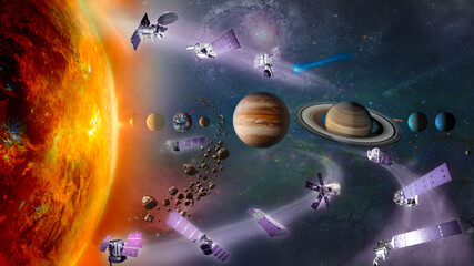 Space exploration concept. Many spaceships in solar system. Elements of this image furnished by...