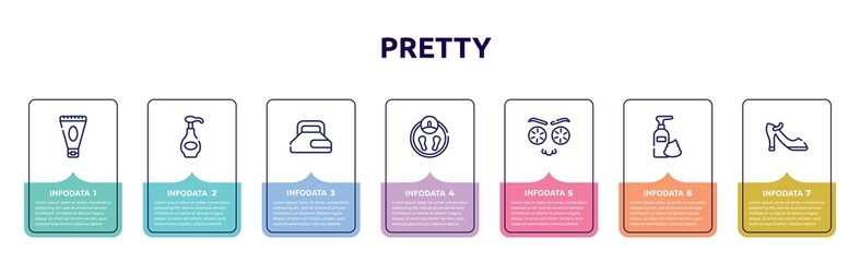 pretty concept infographic design template. included anti aging cream, body lotion, hair gel, big scale, cucumber slices on face, foam hair, high heel shoe icons and 7 option or steps.