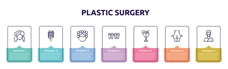plastic surgery concept infographic design template. included hairdresser, birch whisk, hair curler, braces, margarita, gluteus, surgeon icons and 7 option or steps.