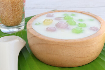 Thai dessert with colorful flour, milk and egg, rainbow tapioca Famous Thai dessert, Bualoy