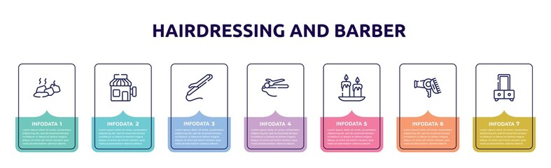 hairdressing and barber concept infographic design template. included stones, barber, curling iron, hair straighter and hair curler, wax, hairdryer and comb, dressing table icons 7 option or steps.