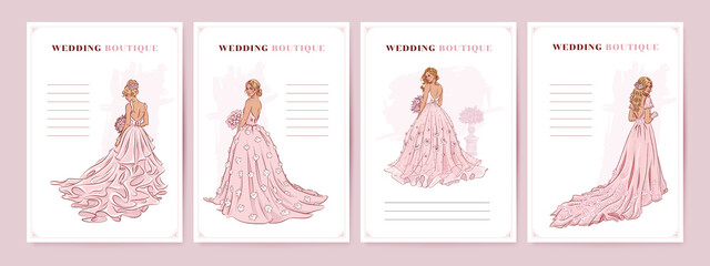 Hand drawn wedding boutique poster collection. Vector illustration of beautiful bride