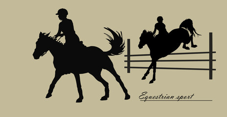 a set of silhouettes. a rider jumping over an obstacle on a horse, isolated images, a black silhouette on a white background.