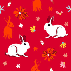 Hand drawn cute rabit seamless pattern for fashion prints decoration, fabric, wallpaper and all prints on red background color.
