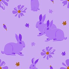 Draw seamless pattern rabbit, flower on red background. vector illustrator design for fashion, fabric, wallpaper and all prints. Minimalist cartoon style. doodle cartoon