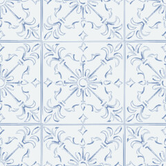 Seamless ornamental blue pattern, variation of Portuguese azulejo art. Watercolor effect.