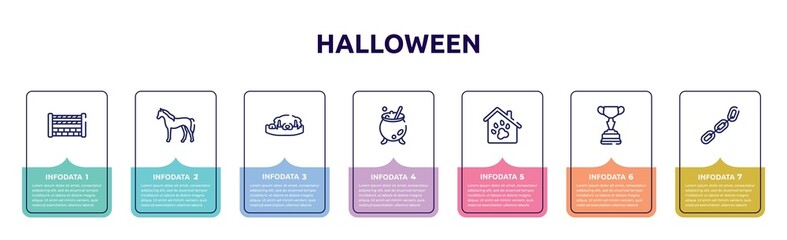 halloween concept infographic design template. included fence for horses jumps, horse standing, dog resting, cauldron, pet hotel, horses races trophy, chains icons and 7 option or steps.