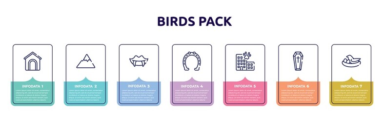 birds pack concept infographic design template. included dog and pets house, mountain range, fangs, horseshoe tool, hotel building, coffin, bird and egg icons and 7 option or steps.