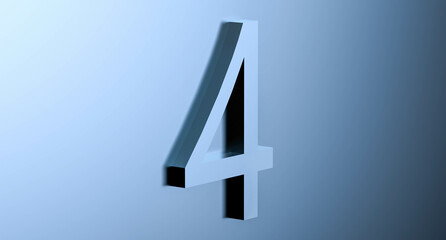 Number 4 on a blue background with reflection. Abstract FOUR bluish metallic color with reflection. 3d rendering illustration.