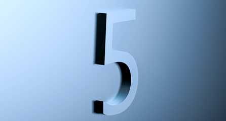 Number 5 on a blue background with reflection. Abstract FIVE bluish metallic color with reflection. 3d rendering illustration.
