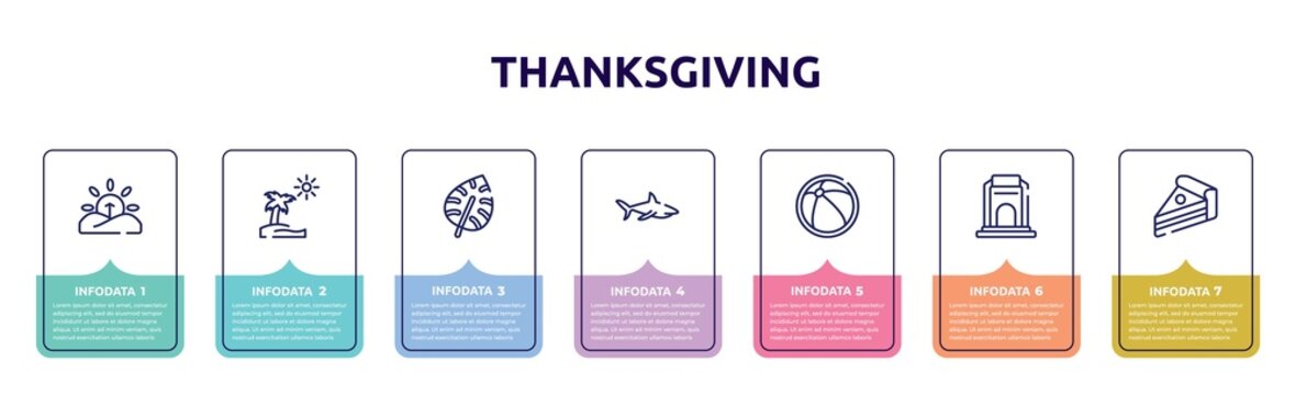 thanksgiving concept infographic design template. included sunrise, pictures, monstera leaf, sharks, beach ball, voortrekker, piece of cake icons and 7 option or steps.