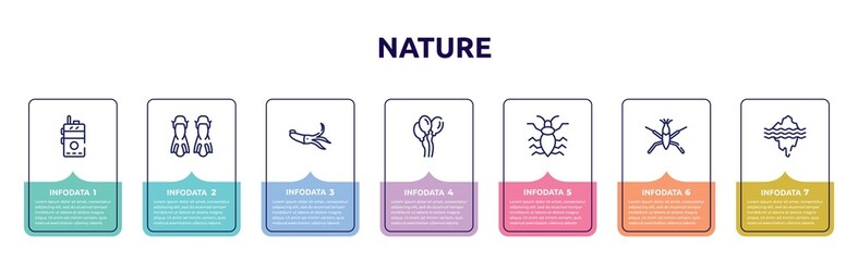 nature concept infographic design template. included walkie talkie, flippers, squid, balloons, antlion, pond skater, glacier icons and 7 option or steps.