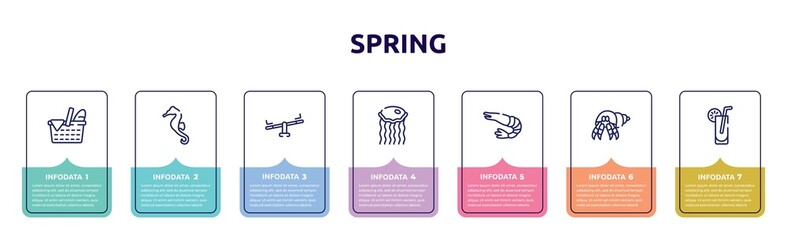 spring concept infographic design template. included picnic, seahorse, seesaw, medusa, prawn, hermit crab, lemonade icons and 7 option or steps.
