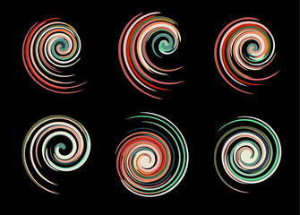 Fototapeta na wymiar Spiral elements on a black background for your creative ideas. Colorful spirals for business concepts, interior and architecture solutions, fashion, logos, emblems, prints, cards, textiles, embroidery