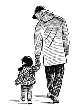 Hand Drawing Of Father With Child Walking Outdoors