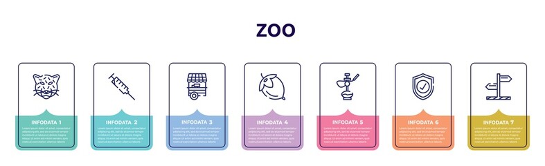 zoo concept infographic design template. included jaguar, syringe, food stand, hazelnut, hookah, guard, direction icons and 7 option or steps.
