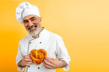 Baker man in love on valentine's day wearing chef's outfit. Chef-cooker in a chef's hat and jacket...