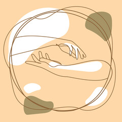 Two hands reaching out one line vector illustration on beige background with abstract organic shapes.Team communication abstract concept.Great design for print,banner,emblems,icons in minimal style