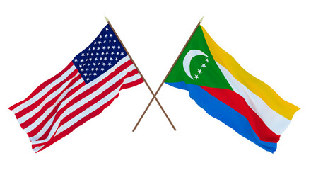 Background for designers, illustrators. National Independence Day. Flags of United States of America, USA and   Comoros