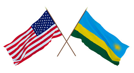 Background for designers, illustrators. National Independence Day. Flags of United States of America, USA and   Rwanda