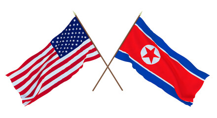 Background for designers, illustrators. National Independence Day. Flags of United States of America, USA and  North Korea