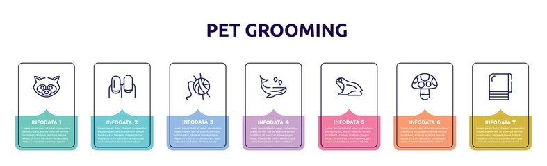pet grooming concept infographic design template. included raccoon, nails, wool, whale, frog, mushroom, towel icons and 7 option or steps.