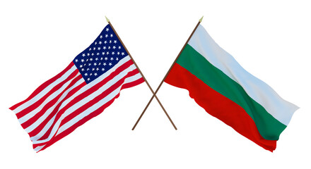 Background for designers, illustrators. National Independence Day. Flags of United States of America, USA and Bulgaria