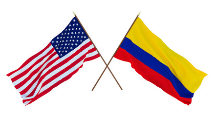 Background for designers, illustrators. National Independence Day. Flags of United States of America, USA and Colombia