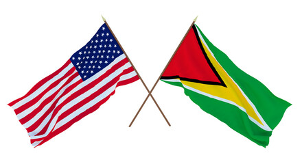 Background for designers, illustrators. National Independence Day. Flags of United States of America, USA and Guyana