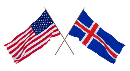 Fototapeta premium Background for designers, illustrators. National Independence Day. Flags of United States of America, USA and Iceland