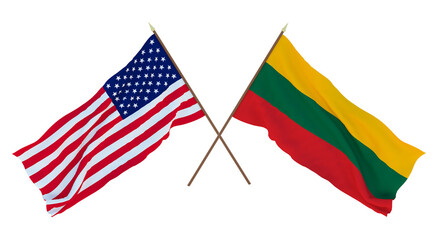 Background for designers, illustrators. National Independence Day. Flags of United States of America, USA and Lithuania