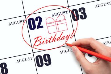 The hand circles the date on the calendar 2 August, draws a gift box and writes the text Birthday....