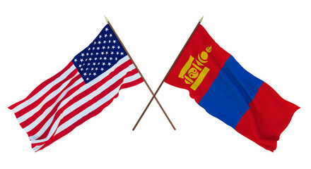 Background for designers, illustrators. National Independence Day. Flags of United States of America, USA and Mongolia