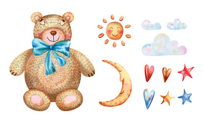 Cute kids toy set with teddy bear, sun, moon, clouds, hearts, stars. Watercolor illustration for greeting cards, birthday decorations, cloth printing