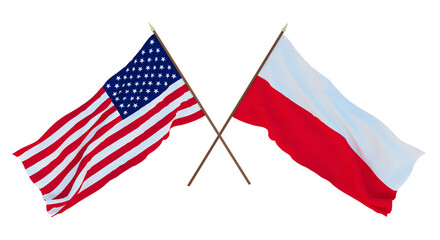 Background for designers, illustrators. National Independence Day. Flags of United States of America, USA and Poland