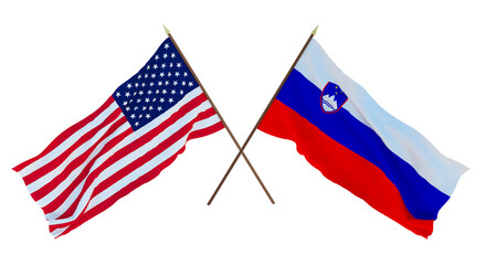 Background for designers, illustrators. National Independence Day. Flags of United States of America, USA and Slovenia