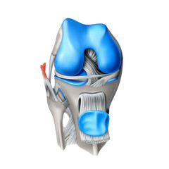 Muscular system and knee joint. Front view. 3D illustration