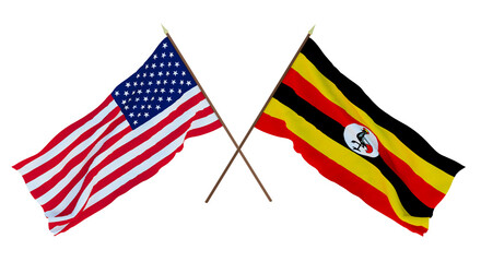 Background for designers, illustrators. National Independence Day. Flags of United States of America, USA and Uganda