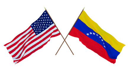Background for designers, illustrators. National Independence Day. Flags of United States of America, USA and Venezuela