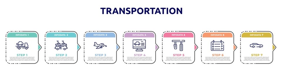 transportation concept infographic design template. included tow, tramway, army airplane, computer test, brake pedal, departure, sportive car icons and 7 option or steps.