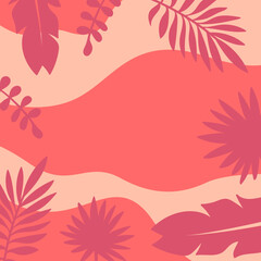 Fototapeta na wymiar Vector Peach Magenta Frame with Copy Space for Text And Content. Summer Tropical Leaves and Plants on Pink Background, Square Format