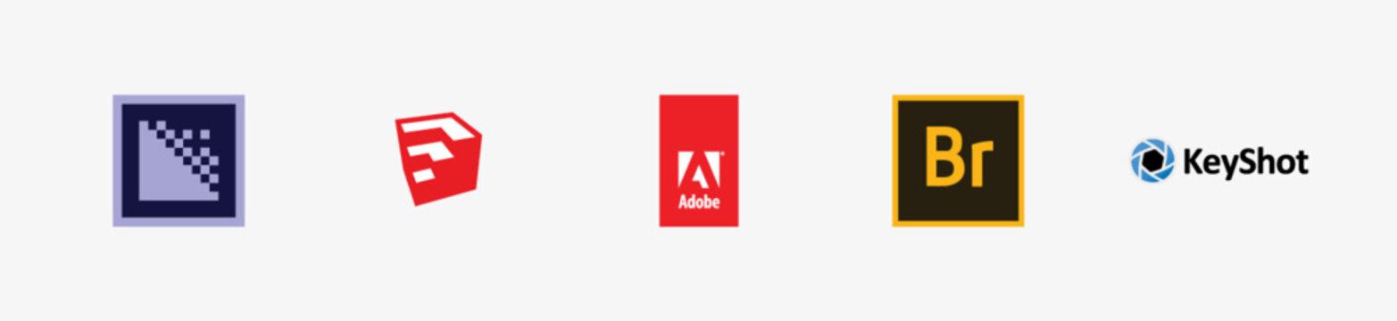 SketchUp logo, KeyShot logo, Adobe Bridge CC logo, Adobe Red logo, Adobe Media Encoder CC logo, Software logo vector illustration. Isolated vector logo.