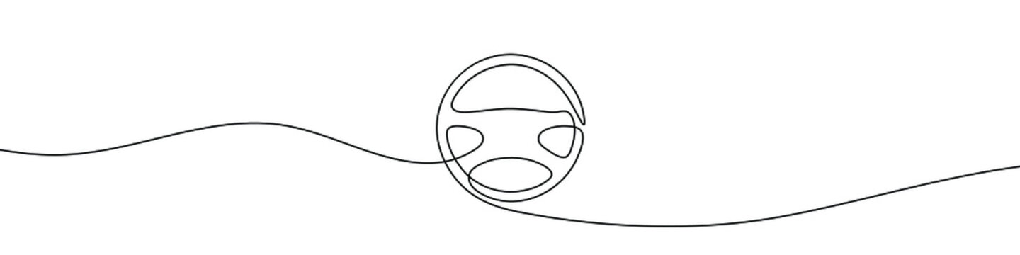 Continuous line drawing of car wheel icon. One line icon of wheel. One line drawing background. Vector illustration. Car steering wheel symbols